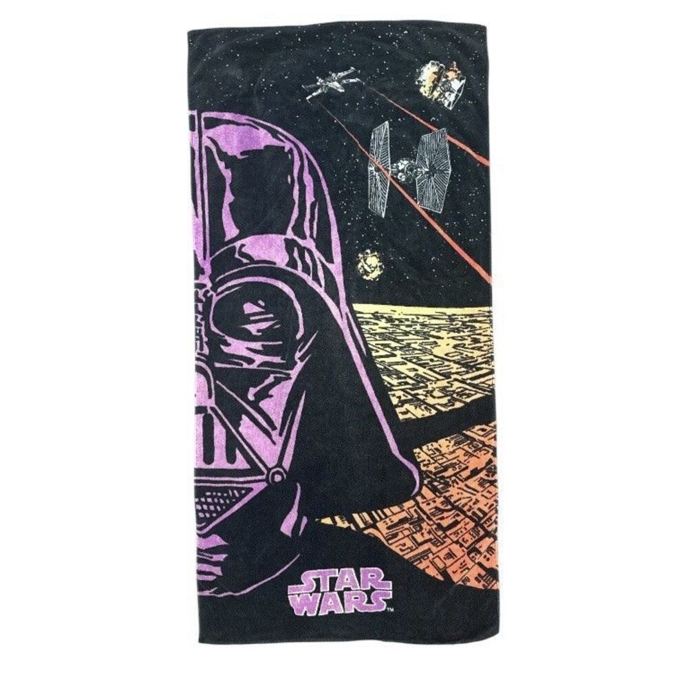 Vintage 90s Star Wars Beach Towel Darth Vader 1996 Black Purple Cotton Movie